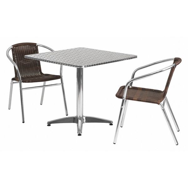 Square Table Set, 31.5 W, 31.5 L, 27.5 H, Aluminum, Plastic, Rattan, Stainless Steel Top, Grey