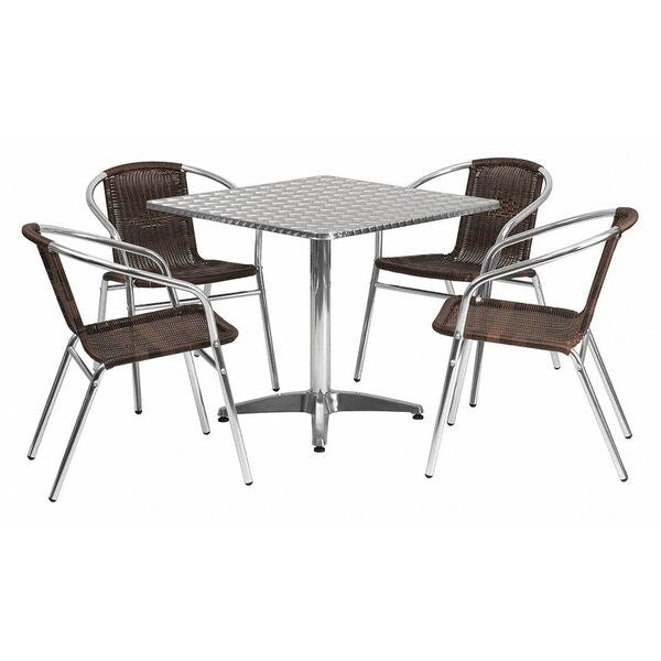 Square Table Set, 31.5 W, 31.5 L, 27.5 H, Aluminum, Plastic, Rattan, Stainless Steel Top, Grey
