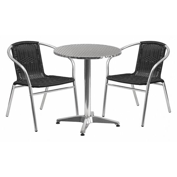 Round Table Set, 23.5 W, 23.5 L, 27.5 H, Aluminum, Plastic, Rattan, Stainless Steel Top, Grey