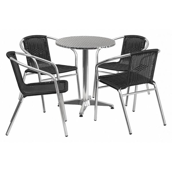 Round Table Set, 23.5 W, 23.5 L, 27.5 H, Aluminum, Plastic, Rattan, Stainless Steel Top, Grey
