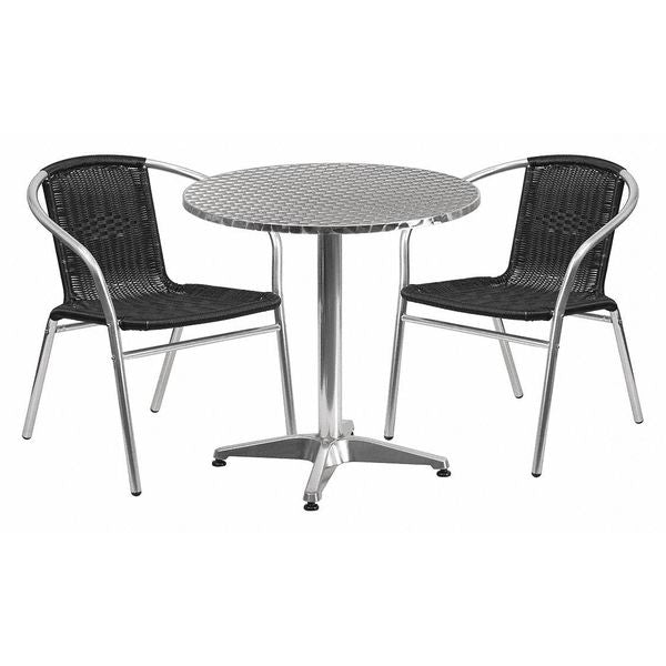 Round Table Set, 27.5 W, 27.5 L, 27.5 H, Aluminum, Plastic, Rattan, Stainless Steel Top, Grey