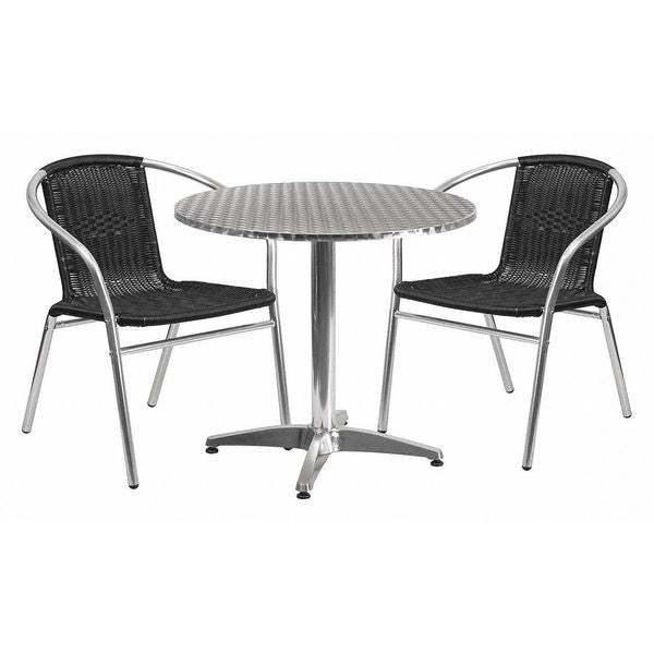 Round Table Set, 31.5 W, 31.5 L, 27.5 H, Aluminum, Plastic, Rattan, Stainless Steel Top, Grey