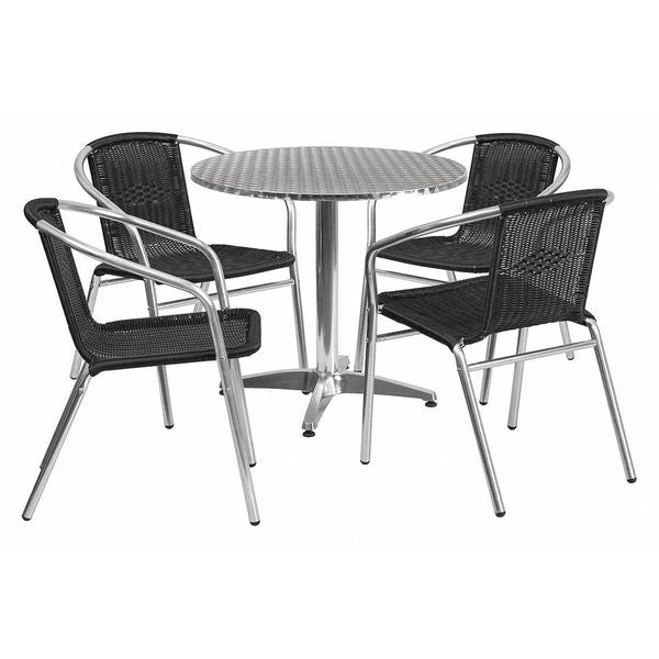 Round Table Set, 31.5 W, 31.5 L, 27.5 H, Aluminum, Plastic, Rattan, Stainless Steel Top, Grey