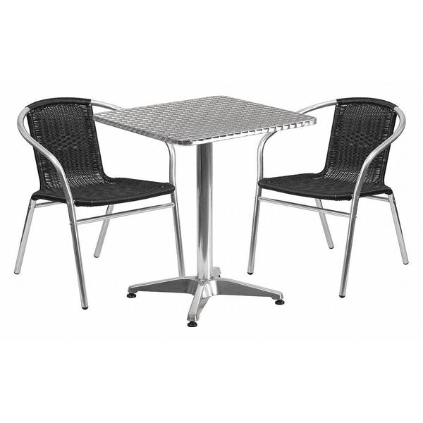 Square Table Set, 23.5 W, 23.5 L, 27.5 H, Aluminum, Plastic, Rattan, Stainless Steel Top, Grey