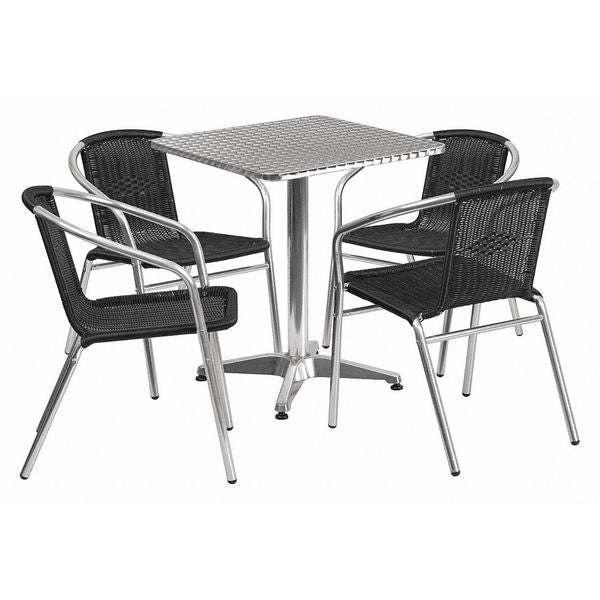 Square Table Set, 23.5 W, 23.5 L, 27.5 H, Aluminum, Plastic, Rattan, Stainless Steel Top, Grey