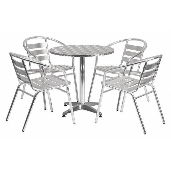 Round Table Set, 27.5 W, 27.5 L, 27.5 H, Aluminum, Plastic, Stainless Steel Top, Grey