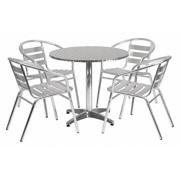 Round Table Set, 31.5 W, 31.5 L, 27.5 H, Aluminum, Plastic, Stainless Steel Top, Grey