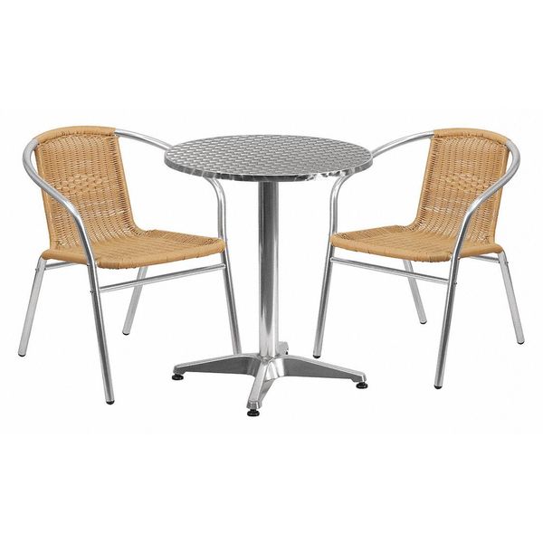 Round Table Set, 23.5 W, 23.5 L, 27.5 H, Aluminum, Plastic, Rattan, Stainless Steel Top, Grey