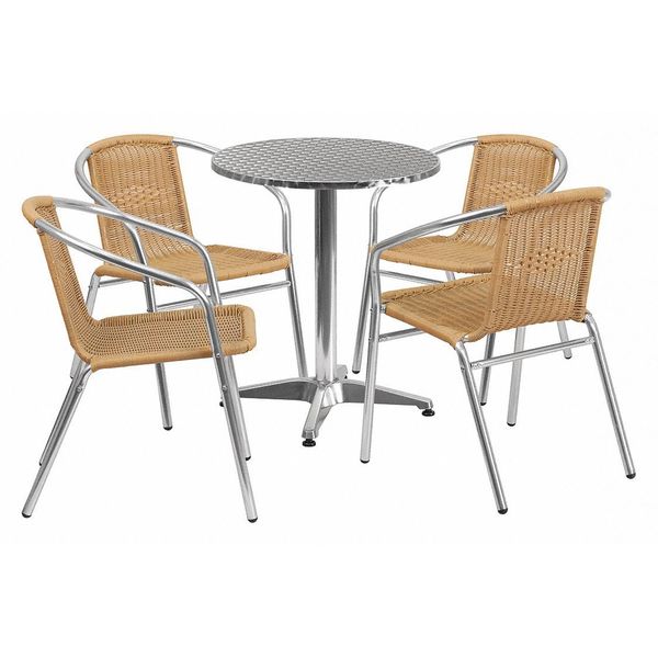 Round Table Set, 23.5 W, 23.5 L, 27.5 H, Aluminum, Plastic, Rattan, Stainless Steel Top, Grey