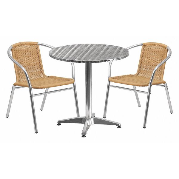 Round Table Set, 27.5 W, 27.5 L, 27.5 H, Aluminum, Plastic, Rattan, Stainless Steel Top, Grey