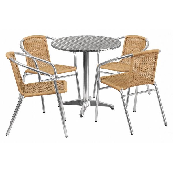 Round Table Set, 27.5 W, 27.5 L, 27.5 H, Aluminum, Plastic, Rattan, Stainless Steel Top, Grey