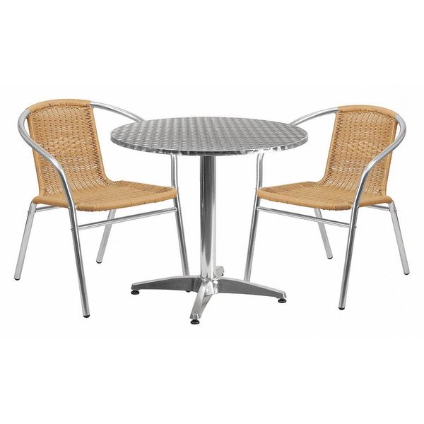 Round Table Set, 31.5 W, 31.5 L, 27.5 H, Aluminum, Plastic, Rattan, Stainless Steel Top, Grey
