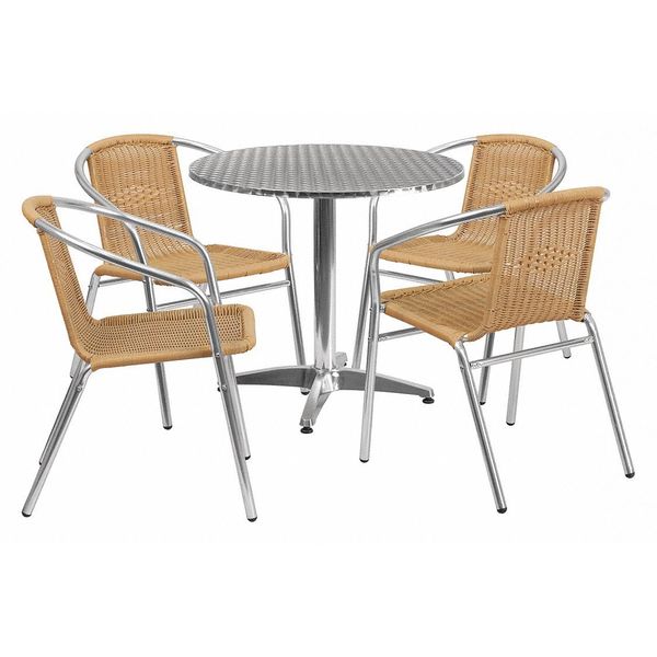 Round Table Set, 31.5 W, 31.5 L, 27.5 H, Aluminum, Plastic, Rattan, Stainless Steel Top, Grey