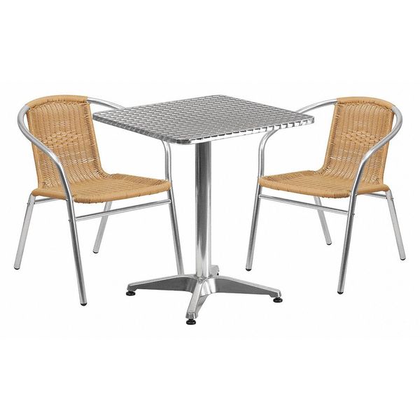 Square Table Set, 23.5 W, 23.5 L, 27.5 H, Aluminum, Plastic, Rattan, Stainless Steel Top, Grey