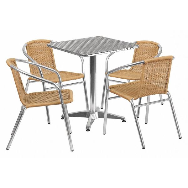 Square Table Set, 23.5 W, 23.5 L, 27.5 H, Aluminum, Plastic, Rattan, Stainless Steel Top, Grey