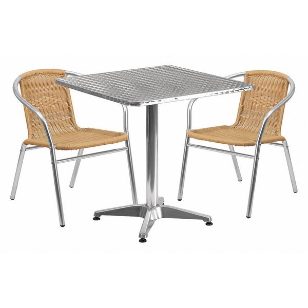 Square Table Set, 27.5 W, 27.5 L, 27.5 H, Aluminum, Plastic, Rattan, Stainless Steel Top, Grey