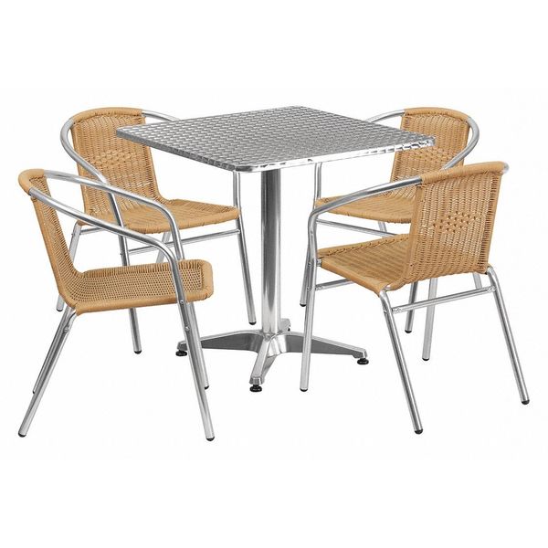 Square Table Set, 27.5 W, 27.5 L, 27.5 H, Aluminum, Plastic, Rattan, Stainless Steel Top, Grey
