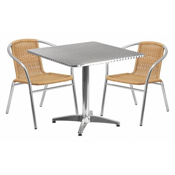 Square Table Set, 31.5 W, 31.5 L, 27.5 H, Aluminum, Plastic, Rattan, Stainless Steel Top, Grey