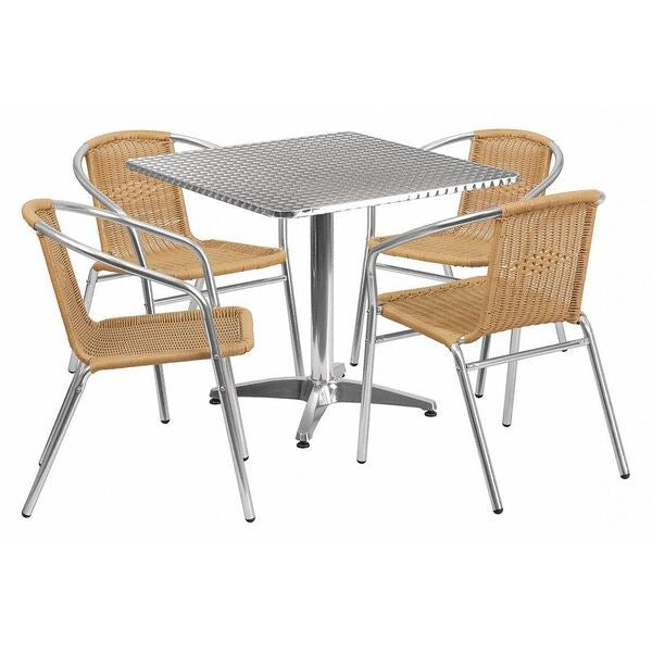 Square Table Set, 31.5 W, 31.5 L, 27.5 H, Aluminum, Plastic, Rattan, Stainless Steel Top, Grey
