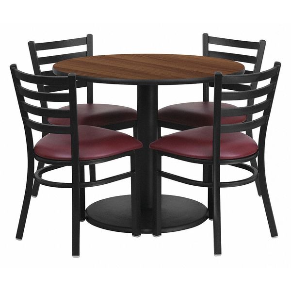 Round Walnut Tble Set, Brgndy Seat, Rnd Base, 36