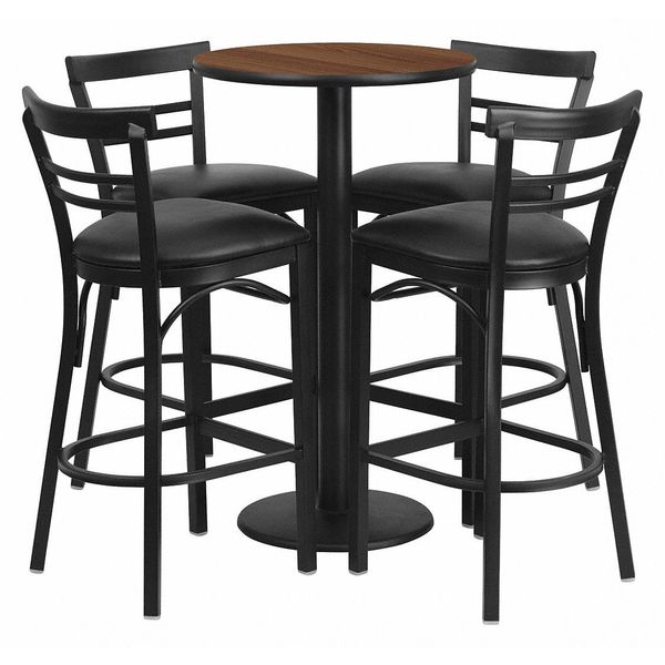 Walnut Bar Tble, Rnd Base w/Blk Seats, 24