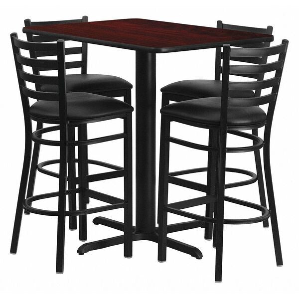 Mah Bar Table, Rectngl w/X-Base, Blk Seats, 24