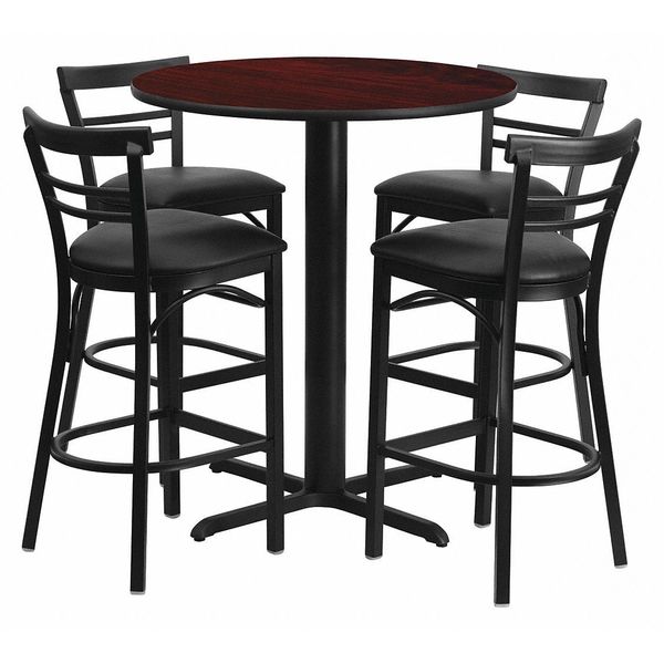 Mahogany Bar Table, X-Base, Blk Seats, 24