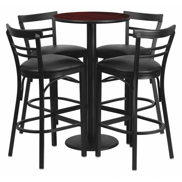Mahgany Bar Table, Rnd Base, Blk Seats, 24