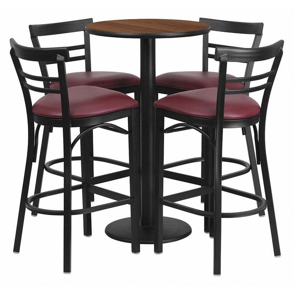 Wlnut Bar Tble, Rnd Base w/Burg Seats, 24