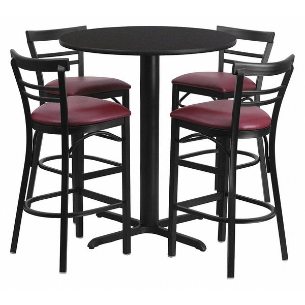 Blk Bar Table, Rnd Base, Burgundy Seat, 24