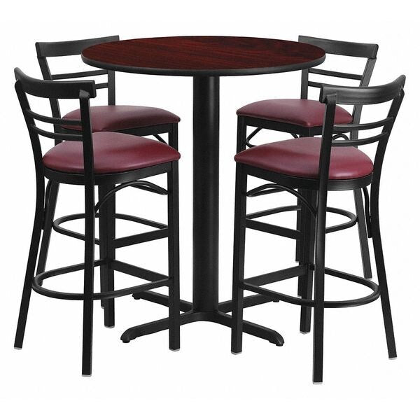 Mahogany Bar Table, X-Base, Burg Seats, 24