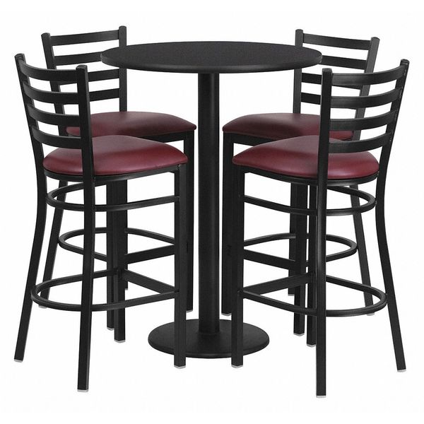 Blk Bar Table, Rnd Base w/Burg Seats, 30