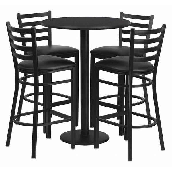 Blk Bar Table, Rnd Base w/Blk Seats, 30