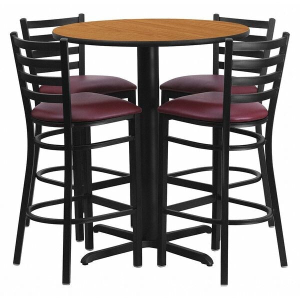 Natural Bar Table, X-Base w/Burgndy Seats, 30
