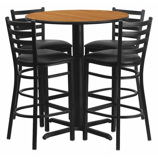 Natural Bar Table, X-Base w/Black Seats, 30
