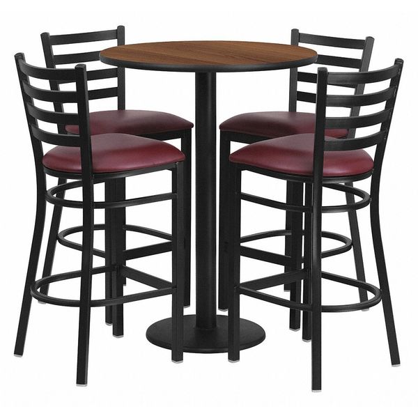 Walnut Bar Table, X-Base w/Burgndy Seats, 30