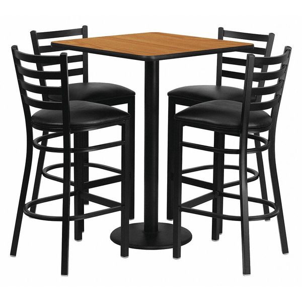 Natural Bar Table, Square w/Blk Seats, 30
