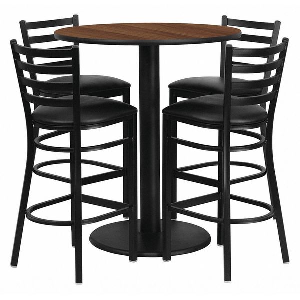 Walnut Bar Table, Round w/Black Seats, 36