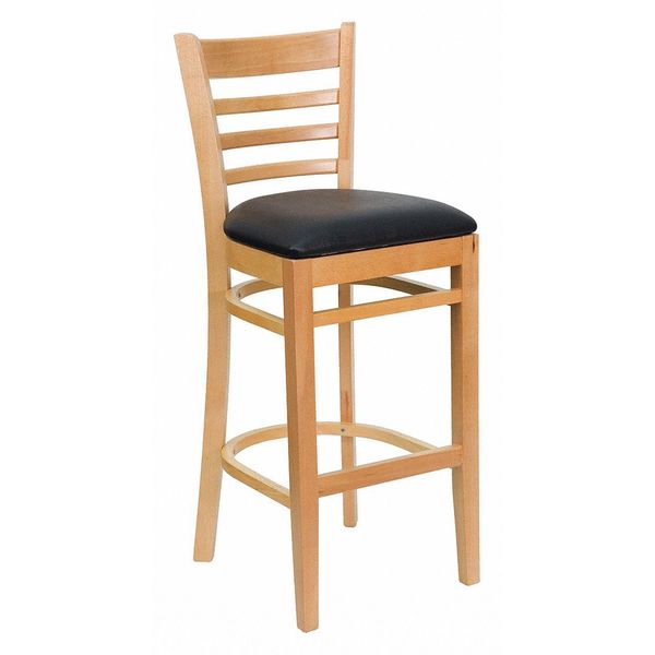 Barstool, Natural Wood, Black Vinyl Seat, Weight Capacity: 800 lb.