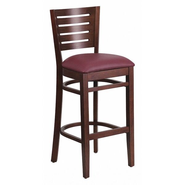 Wood Barstool, Wlnt, Slat Bck, Burgndy Vny