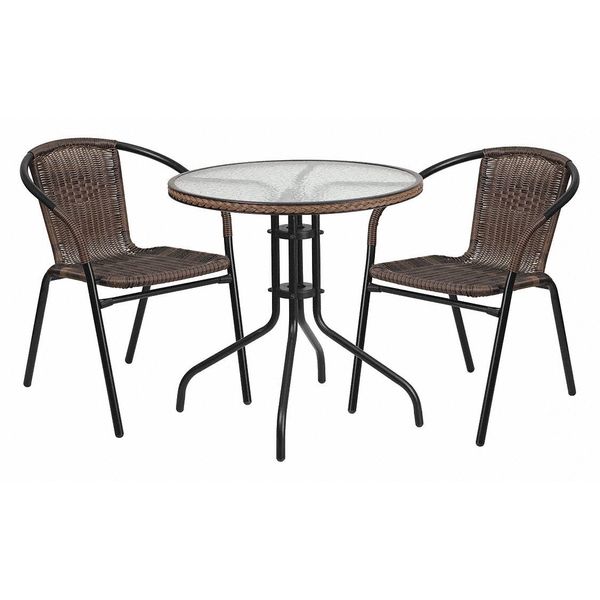 Round Table Set, 28.75 W, 28.75 L, 28 H, Aluminum, Glass, Metal, Plastic, Rattan Top, Clear