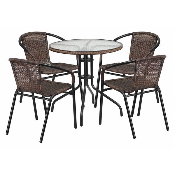 Round Table Set, 28.75 W, 28.75 L, 28 H, Aluminum, Glass, Metal, Plastic, Rattan Top, Clear