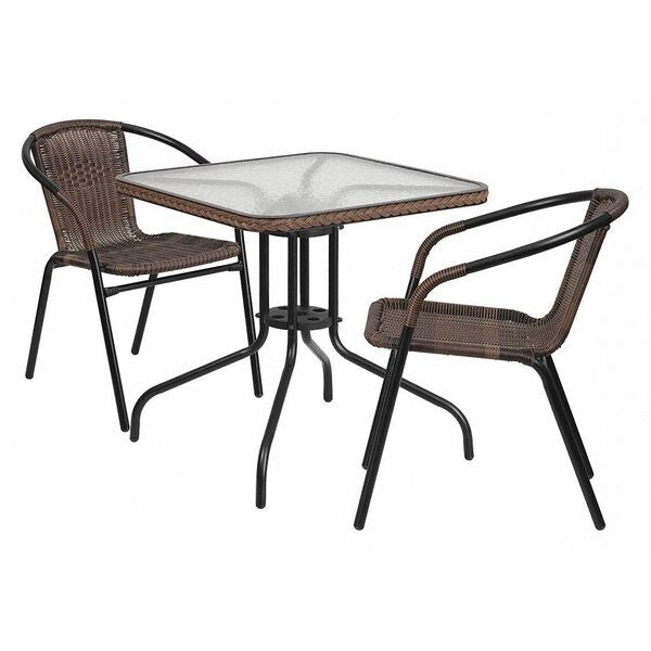 Square Table Set, 28 W, 28 L, 28 H, Aluminum, Glass, Metal, Plastic, Rattan Top, Clear