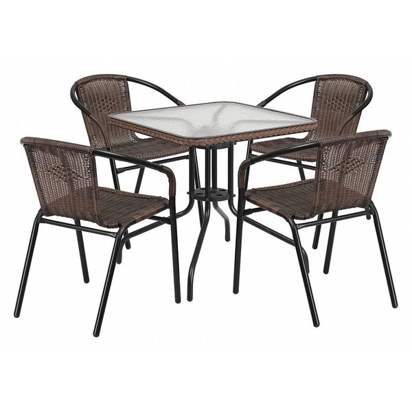 Square Table Set, 28 W, 28 L, 28 H, Aluminum, Glass, Metal, Plastic, Rattan Top, Clear
