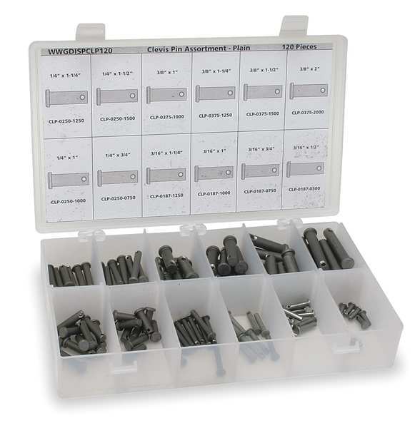 Clevis Pin Asst, Std, 18-8,120 Pcs, 12Sizes