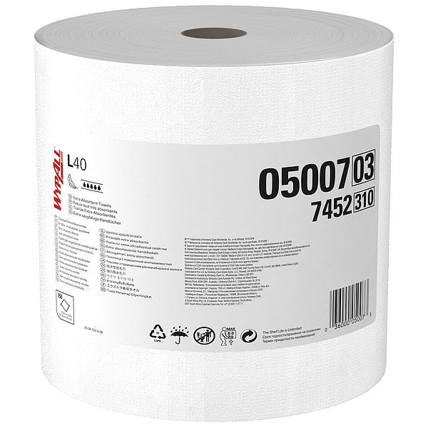Dry Wipe Roll, White, Roll, Double Recreped (DRC), 1 PK, 750 Wipes, 12 1/2 in x 13 1/2 in