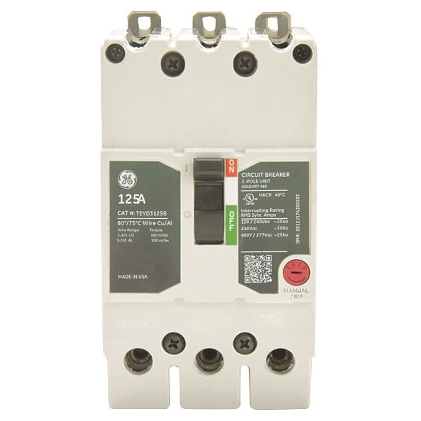 Molded Case Circuit Breaker, 125 A, 277/480V AC, 3 Pole, Bolt On Panelboard Mounting Style