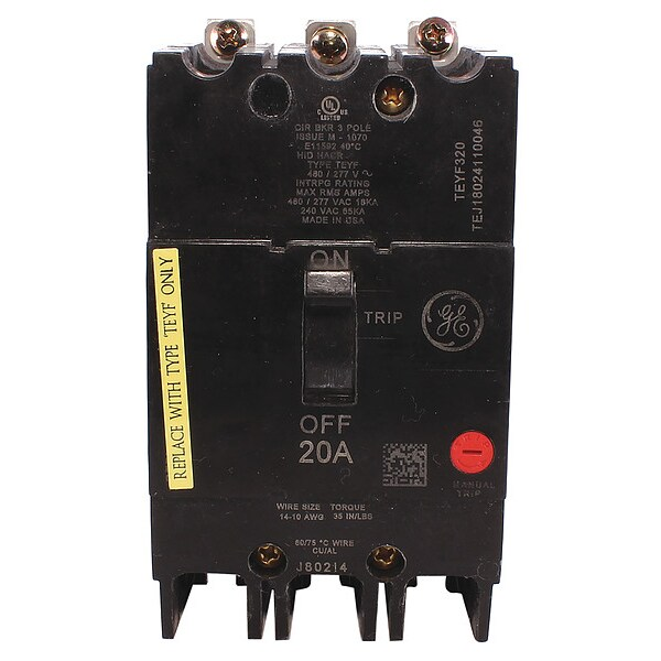 Molded Case Circuit Breaker, 20 A, 277/480V AC, 3 Pole, Bolt On Panelboard Mounting Style