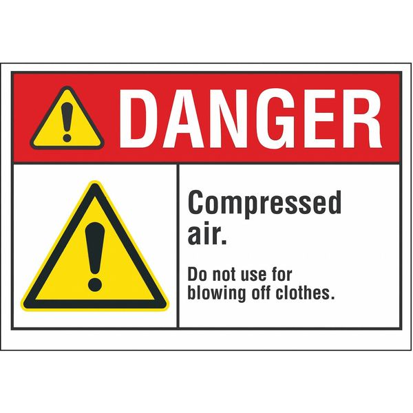 Compressed Air Danger Label, 3 1/2 in Height, 5 in Width, Polyester, Horizontal Rectangle, English