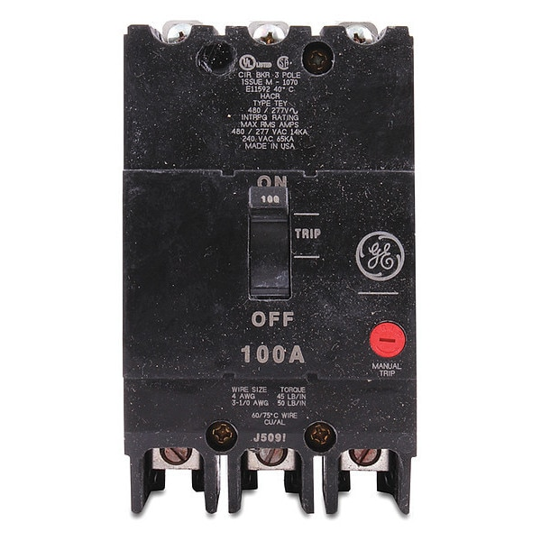 Molded Case Circuit Breaker, 100 A, 277/480V AC, 3 Pole, Bolt On Panelboard Mounting Style